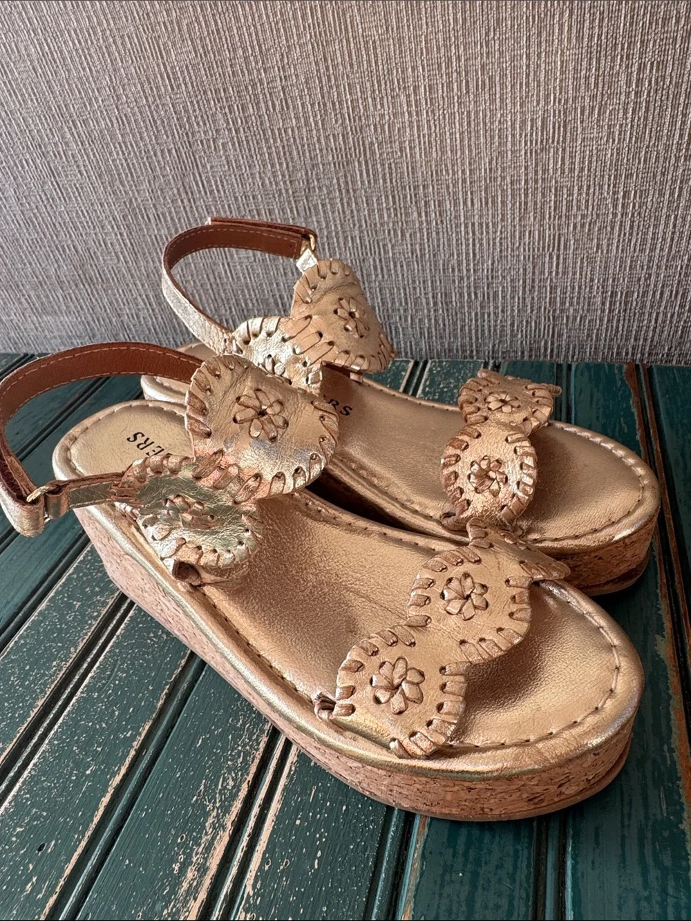 Girls Jack Rogers Metallic Gold Wedge Sandals with Floral Cutouts